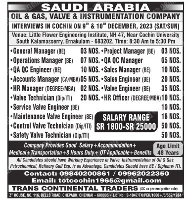 Saudi Arabia Oil & Gas, Valve & Instrumentation Company Jobs